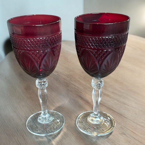 Cristal D’Arques Durand Crystal ANTIQUE RUBY Set of 2 Water Wine Goblets 8” - Picture 1 of 8